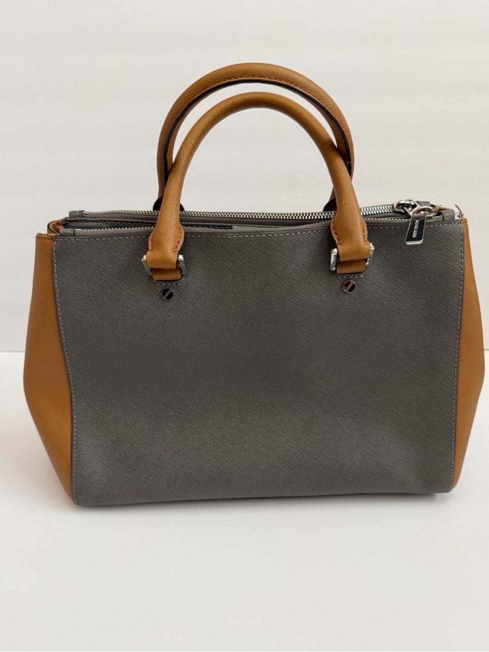 Gray and Tan Two-Tone Structured Satchel Handbag